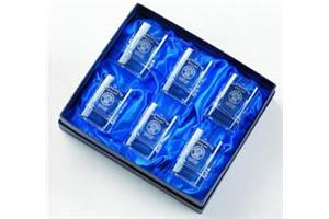 Six crystal square tot glasses in a satin lined box