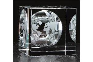 Crystal 60mm square cube with mirror image of world map