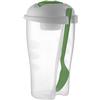 Salad container with cup and fork.