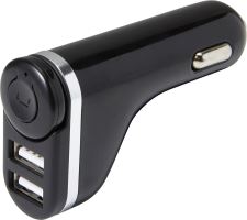Plastic car charger with 2 USB ports.
