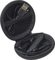 Round pouch with Bluetooth earphones.