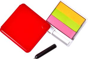 Plastic case with a mirror sticky notes and ballpen.