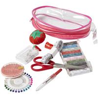 Sewing set in transparent pouch with zipper.