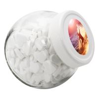 395ml/505gr Candy jar with white plastic lid and filled with dextrose heart mint