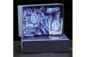 Pair crystal square tot glasses in a satin lined box