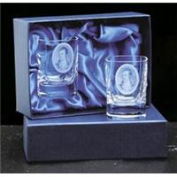 Pair crystal square tot glasses in a satin lined box